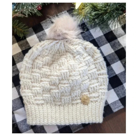 HANDMADE Crochet Cream Plaid Beanie w/ Authentic Chanel Accent Button - Picture 1 of 5